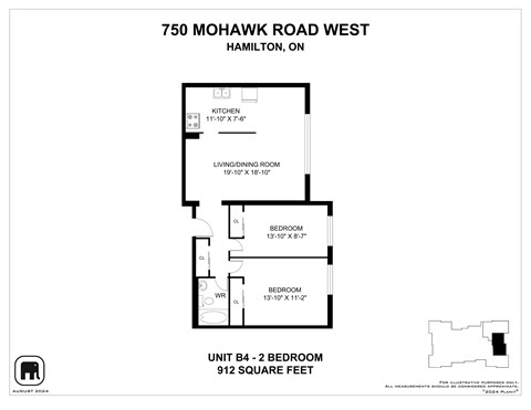 Floor plan for 2 beds, 1 bath, 912 sqft